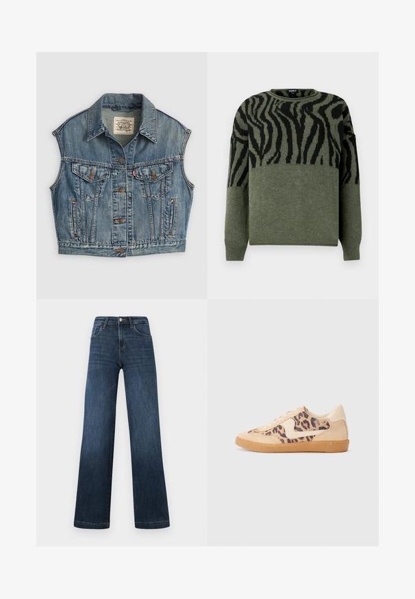 Chaleco de mezclilla en azul claro con cuello, cierre delantero de botones, dos bolsillos en el pecho con solapas de botón y bolsillos laterales. Textura desgastada visible.; Suéter de estampado de cebra en verde oscuro y negro, textura de punto, cuello redondo, mangas largas, con diseño contrastante en la sección superior.; Jeans de mezclilla azul oscuro con un diseño de pierna ancha, que cuentan con cinco bolsillos y un cierre frontal de botón. Textura suave y detalles de costura clásicos.; Zapatillas de leopardo con parte superior de ante beige, suela de goma marrón y acentos blancos. Punta redonda y diseño con cordones con un acabado texturado.