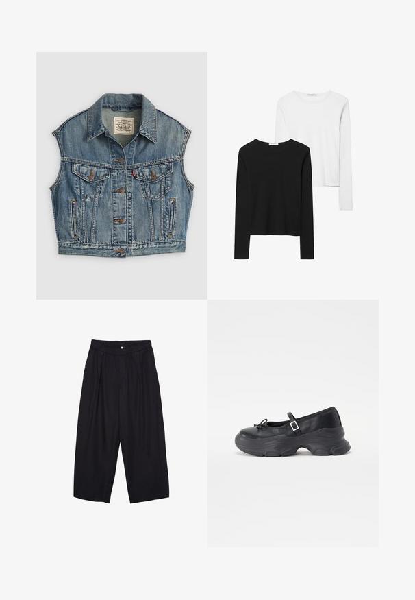 Denimweste in Hellblau mit Kragen, frontaler Knopfverschluss, zwei Brusttaschen mit Knopfklappen undSeitentaschen. Sichtbare, abgenutzte Textur.; Schwarz-weiß gestreifte Langarmshirts mit Rundhalsausschnitten, weichem Stoff und einer taillierten Passform mit geraden Säumen.; Schwarze Polyester-Culotte mit einem elastischen Bund, zwei vorderen Falten und einer lockeren Silhouette. Keine sichtbaren Muster oder Hardware-Details.; Schwarze Leder-Mary-Jane-Schuhe mit einer abgerundeten Zehenpartie, Schleifendetail und verstellbarem Knöchelriemen. Mit einer stabilen Gummisohle mit geschwungenen Akzenten.