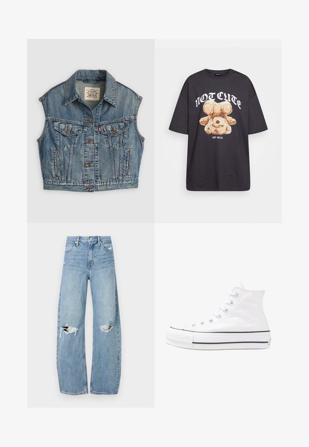 Denimweste in Hellblau mit Kragen, frontaler Knopfverschluss, zwei Brusttaschen mit Knopfklappen undSeitentaschen. Sichtbare, abgenutzte Textur.; Schwarzes, übergroßes T-Shirt mit einem Grafikdruck eines Bären und dem Text "NICHT SÜß, SONDERN WILD" in fetter, weißer Schrift. Baumwollmaterial.; Helles, hochtailliertes Jeans aus Denim. Hat weit geschnittene Beine, zwei aufgerissene Kniebereiche und klassischen Fünf-Taschen-Stil.; Weiße hochwertige Leinensneaker mit schwarzer Gummisohle, vorderem Gummizehenschutz und sechs Ösen für Schnürsenkel, die ein sauberes, minimalistisches Design aufweisen.