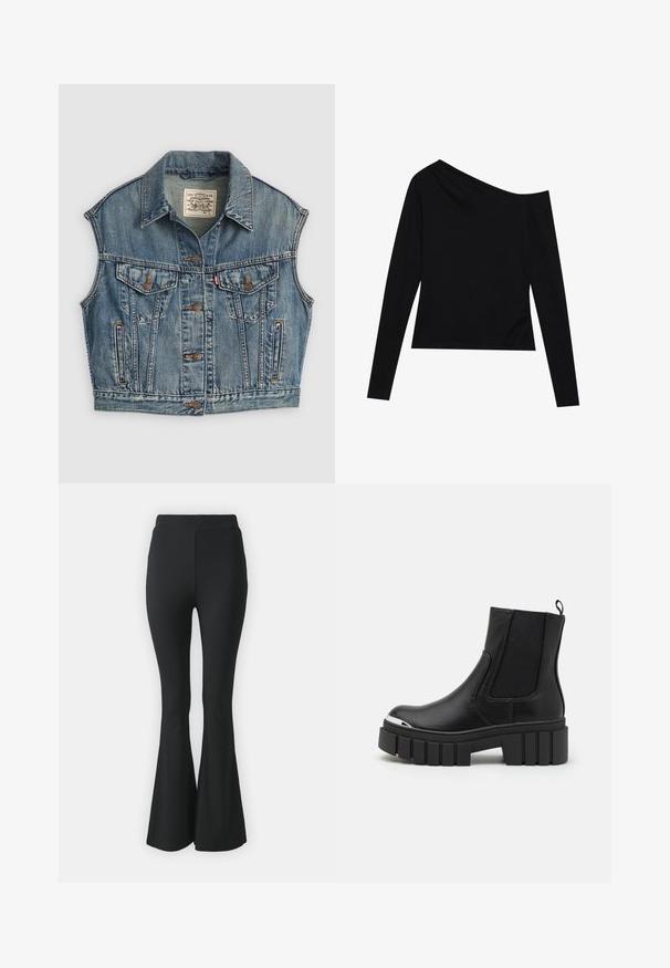 Džínová vesta v světle modré barvě s límcem, předním knoflíkovým zapínáním, dvěma náprsními kapsami s klopami na knoflík a bočními kapsami. Viditelná opotřebovaná textura.; Černý top s dlouhým rukávem, který má asymetrický výstřih a přiléhavý střih z jemné, hladké látky. Bez viditelných vzorů nebo kovových částí.; Černé rozšířené kalhoty vyrobené z elastického materiálu. Mají vysoký pas a hladký, přiléhavý design, který se rozšiřuje od kolene dolů.; Černé kotníkové boty z hladké kůže s elastickými panely, silným platformovým sálem a kovovým špičkou.