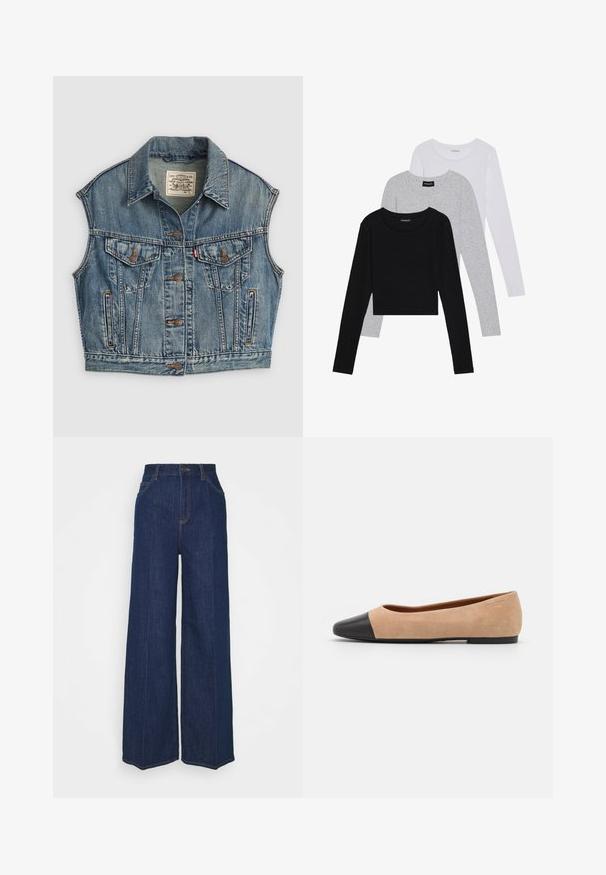 Jeans prsluk u svijetloplavoj boji s ovratnikom, prednjim zatvaranjem na dugmadi, dva džepa na prsima s preklopom na dugmadima i bočnim džepovima. Vidljiva je istrošena tekstura.; Tri dugih rukava posložena: crna, siva i bijela. Svaka ima okrugli izrez i skrateni kroj s glatkom, laganom tkaninom.; Tamno plave traperice s visokim strukom i širokim nogavicama, s prednjim i stražnjim džepovima, zatvaračem na gumb i vidljivim detaljima šivanja.; Bež balerinke od suede materijala s crnim kožnim zaobljenim vrhom, niskom potpeticom i glatkom površinom, s minimalnim šavovima i čistim dizajnom.