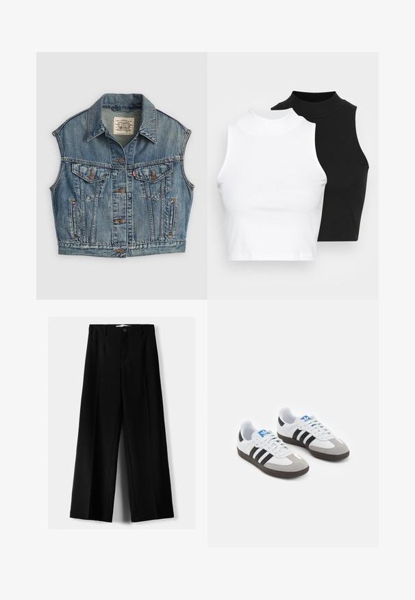 Lichtblauwe denim vest met een kraag, knoopsluiting aan de voorkant, twee borstzakken met knoopflappen en zijzakken. Versleten textuur zichtbaar.; Twee mouwloze ribgebreide coltruien in zwart en wit, met een slim fit ontwerp en een gladde textuur, met een cropped lengte.; Zwarte wijde broek van lichtgewicht stof, met een knoopsluiting aan de voorkant en een vlakke achterkant, afgewerkt met keurig gestikte zoom.; Sportschoenen met een witte leren bovenkant, grijze suède neus en drie zwarte strepen. Bevat een blauw logo op de tong en een gestructureerde rubberen zool.