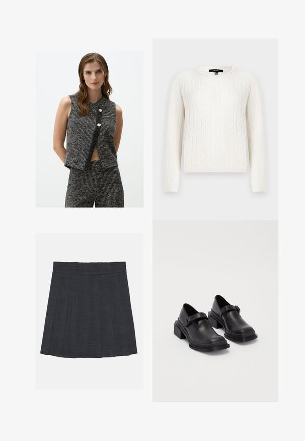 Mouwloze zwart-witte cropped top met een geribbelde textuur, met een V-hals en twee decoratieve zilveren knopen aan de voorkant.; Witte kabelgebreide trui met lange mouwen, een ronde halslijn en een decoratieve parelaccent bij de kraag. Zachte textuur en aansluitend ontwerp.; Donkergrijze plisséstofrok met een elastische tailleband, gekenmerkt door een gestructureerde stof en een klassieke A-lijnsilhouet. Geschikt voor casual gebruik.; Zwarte leren schoenen met een ronde neus, platte zool en een band met een gespdetail. Stevige blokhak voor extra stabiliteit.