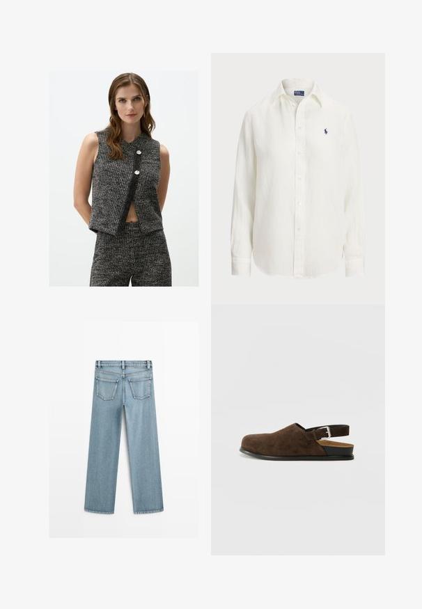 Haut court sans manches noir et blanc avec une texture côtelée, comportant un col en V et deux boutons décoratifs argentés à l'avant.; Chemise en lin blanche à manches longues, col boutonné et boutons sur le devant. Présente un petit logo brodé bleu sur la poitrine.; Jean en denim bleu clair à jambes larges avec taille mi-haute, doté de deux poches arrière et d'une coupe droite classique.; Chaussure en suédine marron à enfiler avec un petit talon, une sangle ajustable avec une boucle en argent et une semelle en caoutchouc noire.