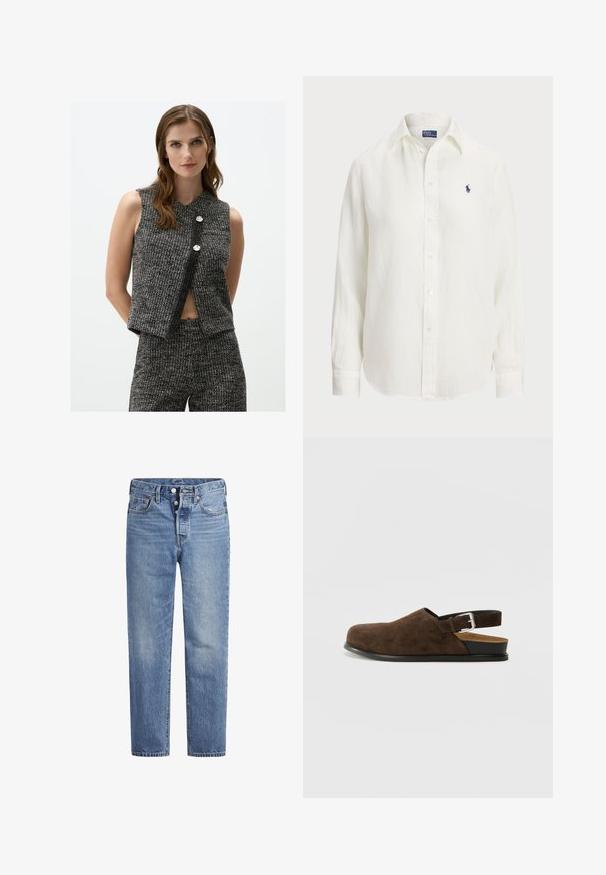Ärmelloses schwarz-weißes Cropped-Top mit geripptem Muster, das einen V-Ausschnitt aufweist und zwei dekorative silberne Knöpfe auf der Vorderseite hat.; Weißes Leinenhemd mit langen Ärmeln, Button-Down-Kragen und Knöpfen auf der Vorderseite. Verfügt über ein kleines blaues gesticktes Logo auf der Brust.; Helle blaue Jeans im geraden Schnitt, mit fünf Taschen und einem Knopfverschluss. Sie weisen dezente Verfärbungen und orangefarbene Nähte auf.; Braune Wildleder-Ballenrutscher mit niedrigem Absatz, verstellbarem Riemen mit silberner Schnalle und schwarzer Gummisohle.