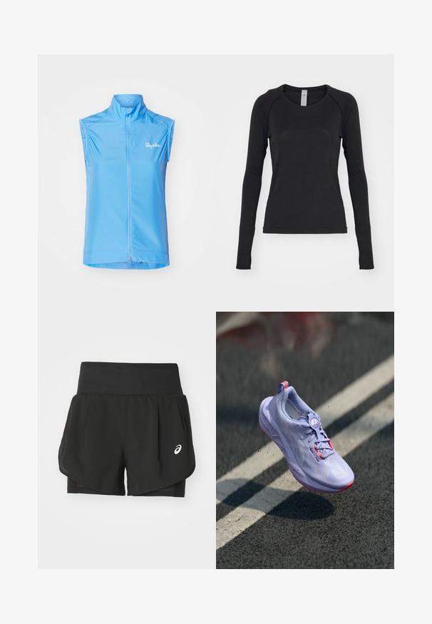 Gilet de cyclisme sans manches bleu clair avec un col haut, fermeture éclair à l'avant et logo discret sur le côté gauche. Tissu lisse et léger.; Chemise à manches longues noire, fabriquée en tissu doux. Présente un col rond et des manches raglan avec des ouvertures pour les pouces au niveau des poignets. Design minimaliste.; Shorts de sport noirs dotés d'un revêtement en maille respirante, de sous-shorts au toucher lisse, et d'un logo blanc sur le côté gauche.; Baskets de course violettes claires avec un dessus texturé, des accents roses, un mécanisme de laçage arrondi et une semelle mouchetée, surélevées au-dessus d'un fond en pavé.
