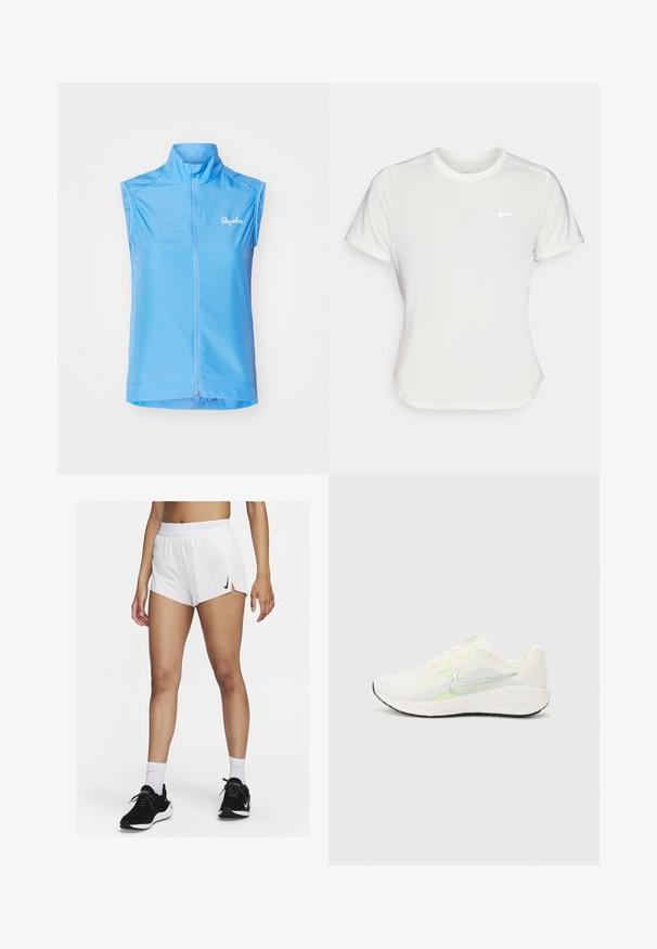 Gilet da ciclismo senza maniche azzurro chiaro con colletto alto, chiusura frontale con zip e logo sottile sul lato sinistro. Tessuto morbido e leggero.; T-shirt Nike bianco, maniche corte, scollatura rotonda, realizzata in un tessuto morbido e leggero. Presenta un logo discreto sul petto.; Pantaloncini sportivi bianchi con vita a coste, spacchi laterali e logo Nike nero. Indossati con scarpe da ginnastica nere e calzini bianchi alti.; Nike Performance DOWNSHIFTER 13 - Scarpe da corsa su strada - sail/silver-coloured photon dust/summit white/barely volt/black