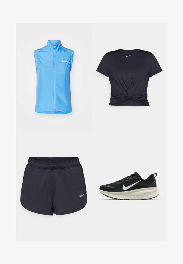 Light blue sleeveless cycling vest featuring a high collar, front zipper closure, and subtle logo on the left side. Smooth, lightweight fabric.; Black athletic t-shirt made of smooth fabric, featuring a knotted front design and a small white Nike logo on the chest.; Black athletic shorts made of lightweight, breathable fabric. Features an elastic waistband and white Nike logo on the lower right side.; Black Nike running shoe with breathable mesh upper, white swoosh logo, textured detailing, and a cream-colored ZoomX midsole.
