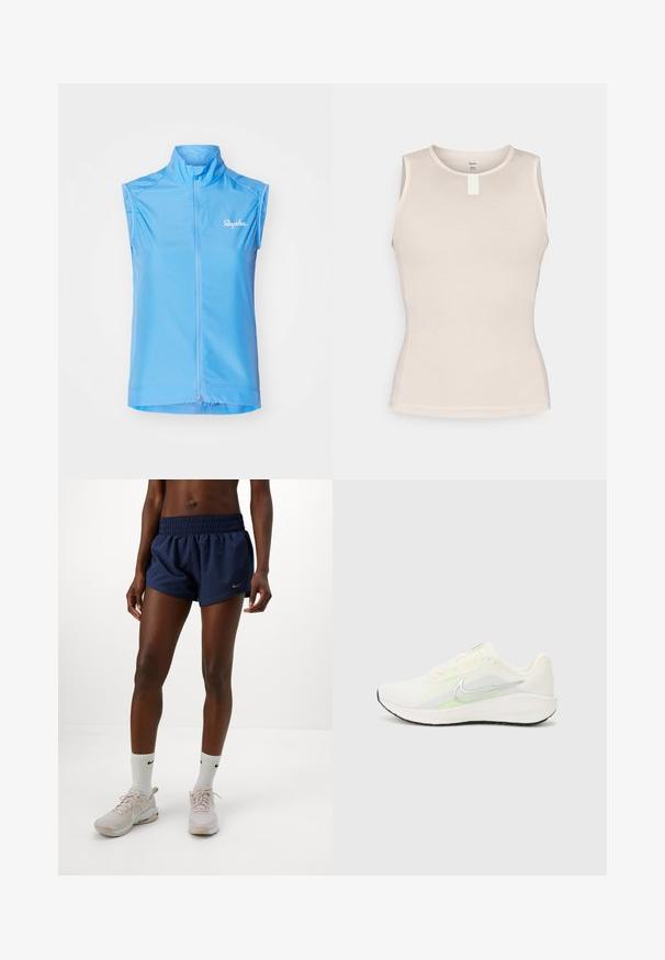 Ljusblå ärmlös cykelväst med hög krage, framsidans dragkedja och subtil logotyp på vänster sida. Slät, lättviktig tyg.; Ärm lös tanktopp i ljus beige med en strukturerad meshdesign, rund halsringning och en liten vit etikett i mitten av ryggen.; Kvinna i marinblå träningsshorts, vita Nike-strumpor och ljusrosa Nike-sneakers som står mot en enkel vit bakgrund.; Nike Performance DOWNSHIFTER 13 - Väglöparskor - sail/silver-coloured photon dust/summit white/barely volt/black