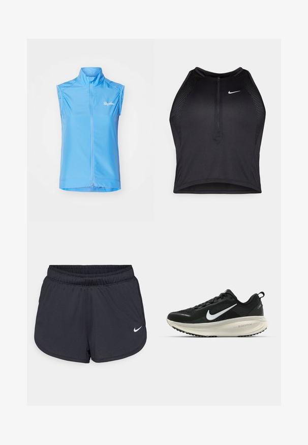 Svetlo modra brezrokavnik za kolesarjenje s visokim ovratnikom, sprednjim zadrgo in diskretnim logotipom na levi strani. Gladka, lahko tkanina.; Črn atletski kratki top z zadrgo spredaj, mrežastimi dodatki in prilegajočim dizajnom. Narejen iz raztegljivega, zračnega materiala. Logotip Nike spredaj.; Črne športne hlače iz lahkega, zračnega materiala. Imajo elastični pas in belo Nike logotip na spodnji desni strani.; Črne Nike tekaške čevlje z zračno mrežno zgornjim delom, belim logotipom Swoosh, teksturiranimi detajli in smetanasto barvnim srednjim delom ZoomX.