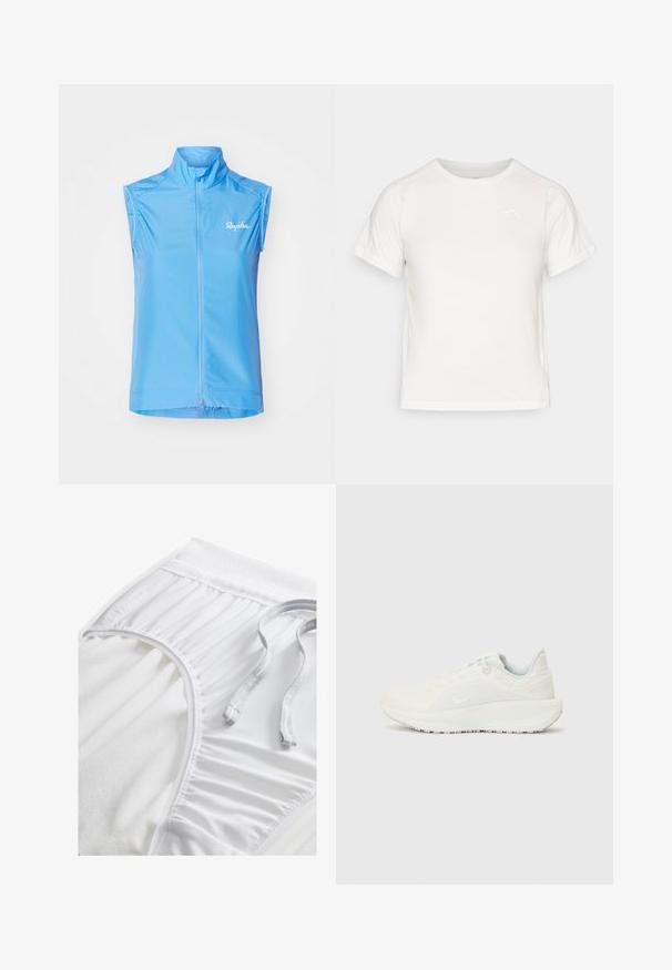 Ljusblå ärmlös cykelväst med hög krage, framsidans dragkedja och subtil logotyp på vänster sida. Slät, lättviktig tyg.; Lätt vit T-shirt med korta ärmar, rund hals och en liten logotyp i det övre vänstra hörnet. Slät tyg med en subtil lyster.; Vita atletiska shorts med en texturerad midja, samlade sidodetaljer och en platt dragsko. Mjuk tyg med slät yta.; Vitaidrottsskor i vitt med en texturerad ovandel, vadderat krage och snörning. Har en böjd yttersula och diskret logotyp på sidan.