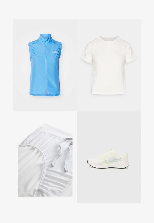 Gilet da ciclismo senza maniche azzurro chiaro con colletto alto, chiusura frontale con zip e logo sottile sul lato sinistro. Tessuto morbido e leggero.; T-shirt bianca leggera con maniche corte, collo rotondo e un piccolo logo nell'angolo in alto a sinistra. Tessuto morbido con una leggera lucentezza.; Pantaloni sportivi bianchi con una vita testurizzata, dettagli arricciati sui lati e un cordino piatto. Tessuto morbido con finitura liscia.; Nike Performance DOWNSHIFTER 13 - Scarpe da corsa su strada - sail/silver-coloured photon dust/summit white/barely volt/black