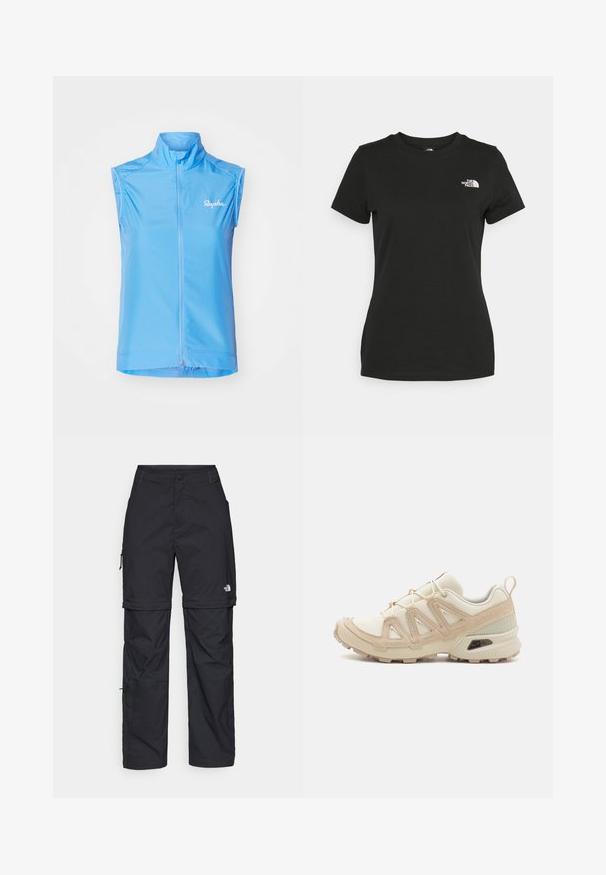 Vaaleansininen ilmanhihaine pyöräilyliivi, jossa on korkea kaulus, etuvetoketju ja huomaamaton logo vasemmalla puolella. Sujuva, kevyt kangas.; Musta puuvillahihaton t-paita, jossa on pyöreä kaula-aukko ja lyhyet hihat. Huomattava valkoinen logo vasemmassa yläkulmassa. Sujuva kangas ja rento leikkaus.; Mustat nailonista valmistetut irrotettavat cargo-housut säädettävillä lahkeilla, useilla taskuilla ja logolla oikeassa jalassa. Liukas, kevyt rakenne.; Beige ja kreemi värvi sportlikud jalanõud, millel on tekstiilne mesh ülemine osa, toetavad ülekatted ja kummist tald, millel on mustripattern haardeks.