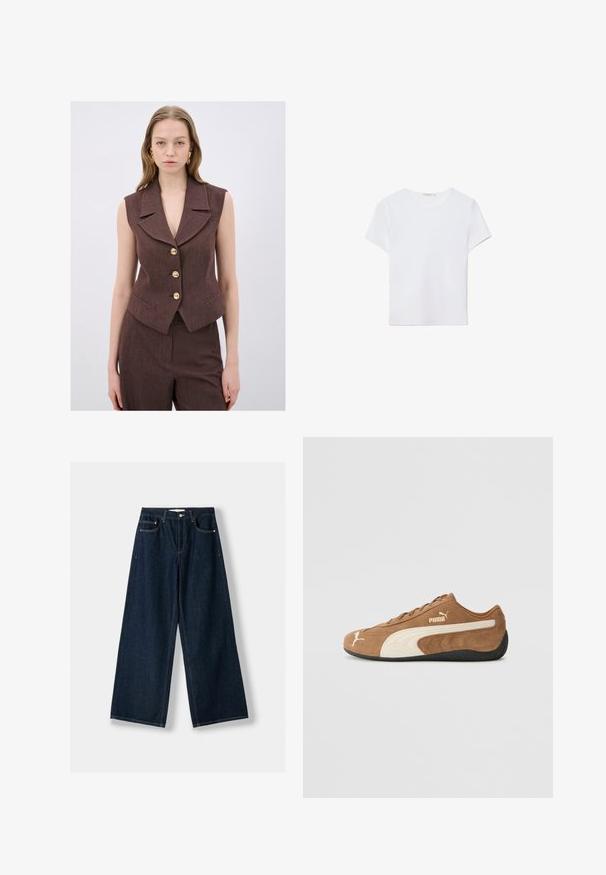 Brun, ærmeløs vest med en notch-krave, fem guldknapper og sidelommer. Struktureret stof med en skræddersyet pasform.; Hvid kortærmet t-shirt lavet af blødt stof. Har en rund halsudskæring og et simpelt, rent design med en lige underkant.; Mørkeblå, vide jeans lavet af denim. Har fem lommer, knap- og lynlås lukning samt kontrastsyning detaljer.; Brune ruskind lav-top sneakers med creme accenter, tekstureret overflade, sort gummisål og broderet logo på siden og tungen.