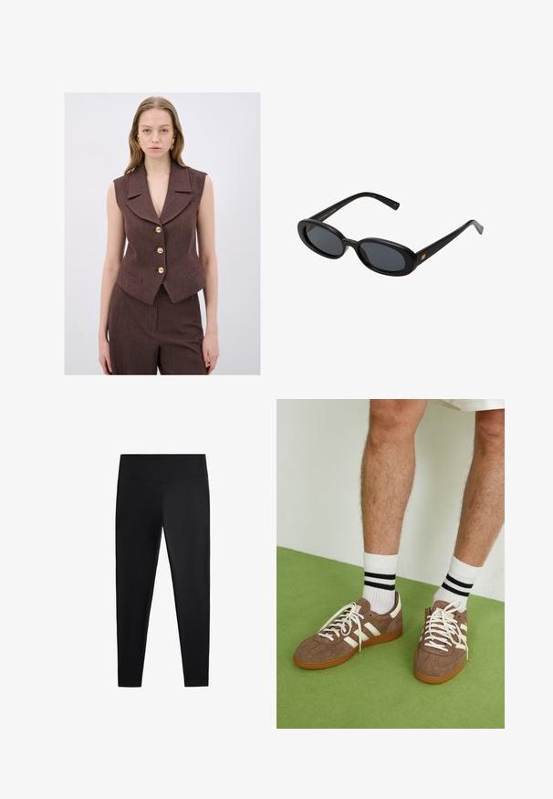 Bruine, mouwloze vest met een gekarteld kraag, vijf gouden knopen en zijzakken. Textiel met textuur in een op maat gemaakte pasvorm.; Witte geribde tanktop met een zwart geborduurd logo in het midden van de borst. De halslijn en armsgaten zijn afgewerkt met een subtiele bies.; Zwarte leggings van gladde, rekbare stof. Voorzien van een brede tailleband en een taps toelopend pootdesign, geschikt voor actieve of casual kleding.; Bruine suède sneakers met witte accenten en veters. Rubberen gumzool. Draag met witte sokken met zwarte strepen. Groene gestructureerde vloer.; Zwarte oversized zonnebril met ovale lenzen, een glad plastic montuur en gouden accenten op de pootjes. Donkere lenzen bieden bescherming tegen de zon.