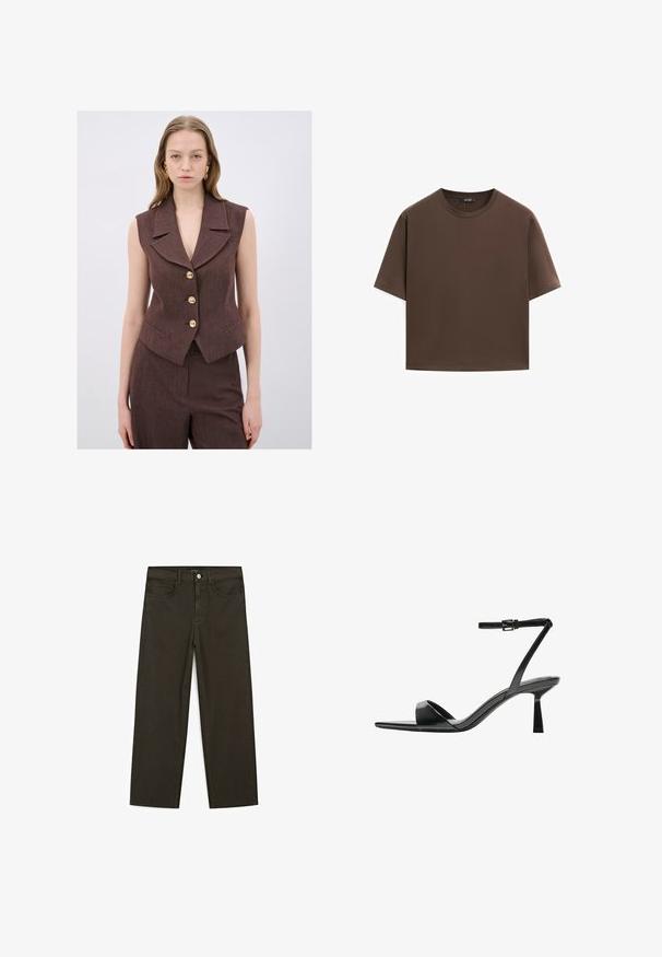 Bruine, mouwloze vest met een gekarteld kraag, vijf gouden knopen en zijzakken. Textiel met textuur in een op maat gemaakte pasvorm.; Bruine katoenen t-shirt, korte mouwen, ronde hals, relaxte pasvorm, gladde textuur, minimalistisch ontwerp, geen zichtbare patronen of accenten.; Donkergroene wijde jeans van een katoenmix, met een sluiting met een voorste knop, vijf zakken en klassieke denimstiksels.; Bershka Sandalen met hoge hak - black