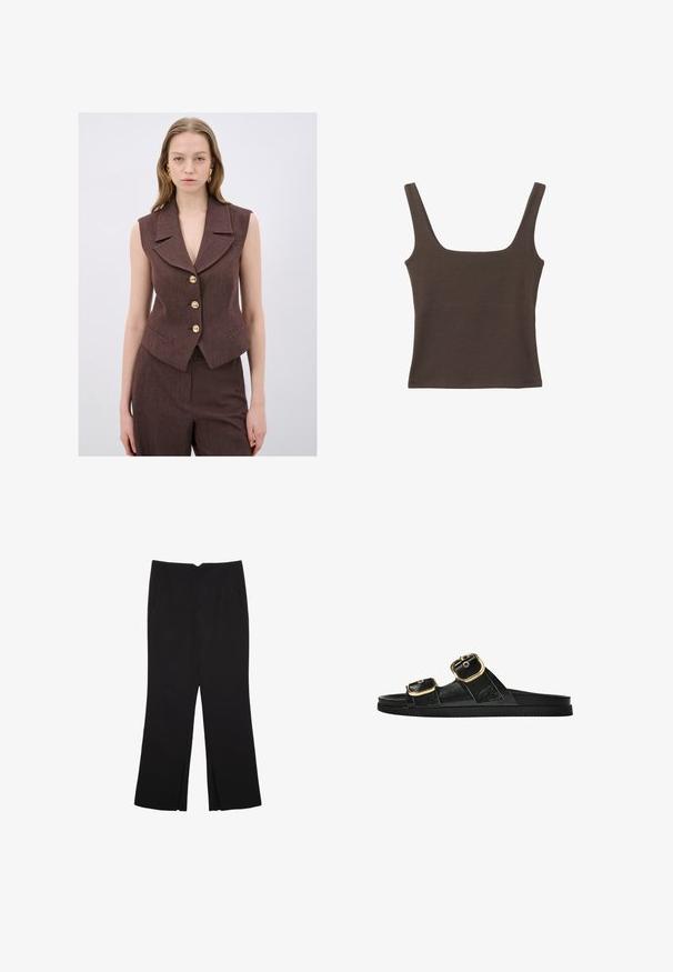 Ruskea, hihaton liivi, jossa on viistetyt kaulukset, viisi kultaa nappia ja sivutaskut. Teksturoitu kangas, joka on muotoiltu hyvin.; Ruskea hihaton toppi, jossa on neliönmuotoinen kaula-aukko, valmistettu pehmeästä ja joustavasta kankaasta. Ominaisuuksiin kuuluu istuva muotoilu ja sileät saumat.; Mustat housut suoralinjaisella leikkauksella, joissa on etutaskut ja sivurei'ät helman alla. Valmistettu pehmeästä ja sileästä kankaasta. Sopii eri tilaisuuksiin.; Musta liukusandaali, jossa on kaksi kultaisesta solkesta tehtyä korostusta, sileäpintainen materiaali, litteä pohja ja minimalistinen muotoilu.