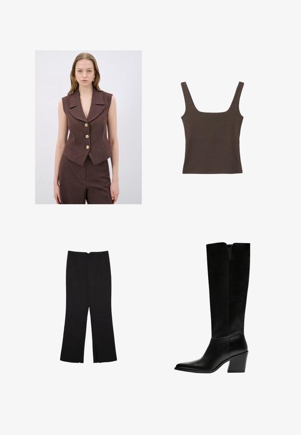 Brun, ærmeløs vest med en notch-krave, fem guldknapper og sidelommer. Struktureret stof med en skræddersyet pasform.; Brun ærmeløs top med firkantet udskæring, lavet af blød, strækbar stof. Har et tætsiddende design og flade sømme.; Sorte bukser med lige pasform, der har frontlommer og slidser i kanten. Lavet af blødt, glat stof. Velegnet til forskellige anledninger.; Sorte knæhøje støvler lavet af glat læder, med spids tå, blokhæl og en V-formet udskæring foroven.