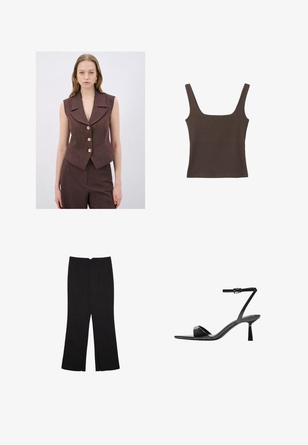 Brun, ærmeløs vest med en notch-krave, fem guldknapper og sidelommer. Struktureret stof med en skræddersyet pasform.; Brun ærmeløs top med firkantet udskæring, lavet af blød, strækbar stof. Har et tætsiddende design og flade sømme.; Sorte bukser med lige pasform, der har frontlommer og slidser i kanten. Lavet af blødt, glat stof. Velegnet til forskellige anledninger.; Bershka Højhælede sandaletter / Højhælede sandaler - black