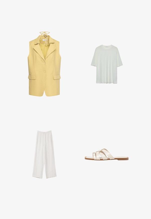 Yellow sleeveless blazer with a notch collar, front buttons, two side pockets, and a tie detailing at the back. Smooth fabric texture.; White short-sleeve t-shirt, round neckline, soft cotton blend fabric, relaxed fit, seamless hem, minimalistic design without embellishments.; White wide-leg trousers made from a lightweight fabric. Features an elastic waistband with a drawstring and side pockets. Smooth texture.; Flat sandals with a tan rubber sole, designed with three overlapping white leather straps and a small bow detail at the center.