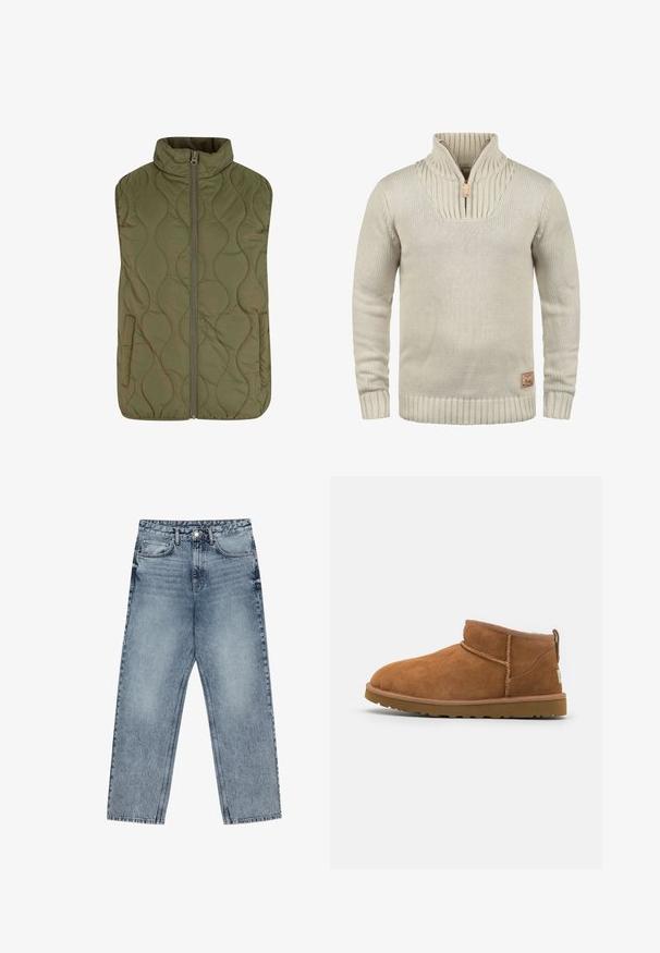 Olíva zöld steppelt mellény, magas gallérral, elülső cipzárral és két oldalsó zsebbels. Sima felület hullámos mintázatú varrással.; Beige kötött pulóver félcipzárral, bordás ujjakra és aljára. Az gallérján textúrált minta található, valamint egy kis logófolt.; Világoskék farmernadrág egyenes szárú szabással, látható varrással, öt zsebes kialakítással és gombos derékkal.; Barna suéd bőrcipő, lekerekített orral, diszkrét varrásokkal és texturált gumitalppal. Rövid magasságú, fűző nélkül.