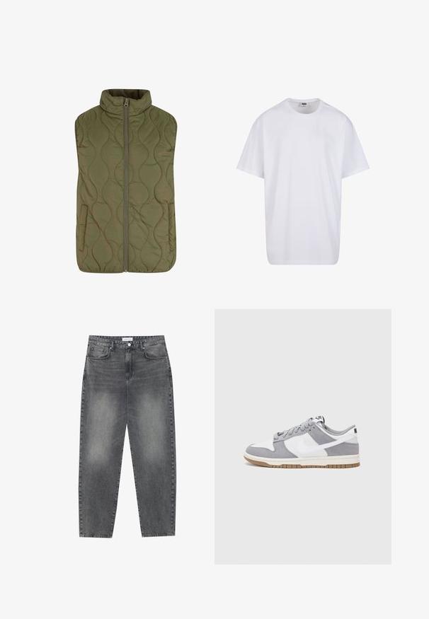 Aliejus žalias siuvinėtas liemenė, turinti aukštą apykaklę, priekį užtrauktuką ir dvi šonines kišenes. Lygi tekstūra su bangų raštu.; Balta medvilninė marškinėlių užsagėlė su trumpomis rankovėmis, apvaliu kaklu, laisva forma ir be matomų logotipų ar raštų. Lygi tekstūra ir minimalus dizainas.; Aukštai juosmeniu, laisvai krentančios džinsai iš blukusių juodų džinsų. Savybės: penki kišenės, diržo kilpos ir švari, tiesi kojų dizainas.; Pilka ir balta sportinė avalynė su zomšiniu ir odiniu viršumi, suapvalintu pirštu, plokščiomis raištelėmis ir guminėmis padais su guminiu akcentu.