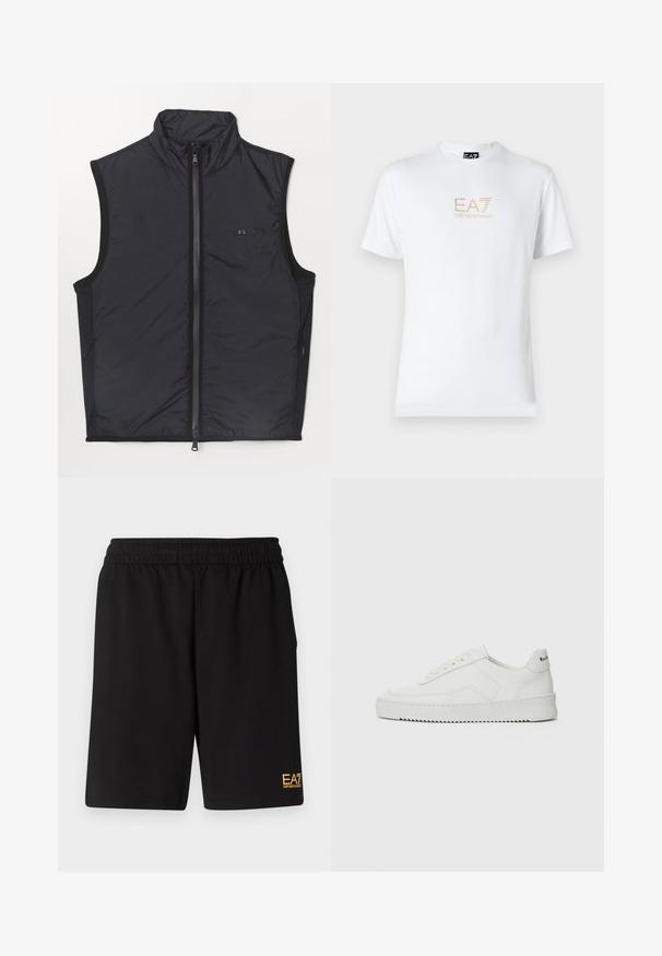Schwarze isolierte Weste mit hohem Kragen, Frontreißverschluss und kontrastierenden Seitenpaneelen. Glatte Textur und minimalistische Logo-Anbringung auf der Brust.; Weißes Baumwoll-T-Shirt mit Rundhalsausschnitt und kurzen Ärmeln, mit einem goldenen EA7 Emporio Armani-Logo auf der Vorderseite.; Schwarze Sportshorts aus weichem Material, mit einem elastischen Bund und einem kleinen gelben EA7-Logo am unteren linken Bein.; Weiße Ledersneaker mit glatter Oberfläche, runder Zehenpartie, flachen Schnürsenkeln und strukturiertem Sohlenprofil. Mit einem dezenten Logo an der Ferse.