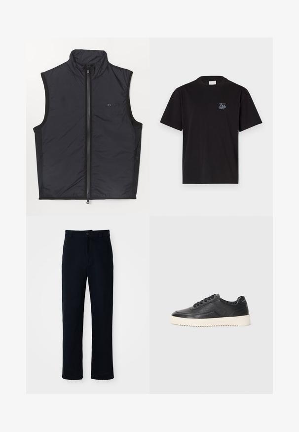 Juodas izoliuotas liemens švarkas su aukštu apykakle, priekyje užtrauktuku ir kontrastingomis šoninėmis panelėmis. Lygus paviršius ir minimalus ženklinimas krūtinės srityje.; Juodas medvilninis marškinėliai su apvalia kaklo iškirpte ir trumpomis rankovėmis. Yra mažas mėlynas logotipas ant kairiojo krūtinės. Paprastas, tiesus kirpimas.; Tamsiai mėlynos medvilninės kelnės, turinčios tiesioginį kirpimą, priekyje užsegamos mygtuku ir klasikine juosta su dirželio kilpom.; Juoda odinė sportinė avalynė su tekstūruotu paviršiumi, apvaliu nosiu ir plokščiu baltu guminiu padu. Yra juodi raišteliai ir ženklinimas ant kulno.