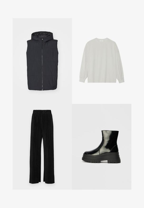 Gilet imbottito nero con cappuccio, dotato di zip centrale e design trapuntato orizzontale. Texture liscia con un'etichetta logo sull'orlo.; T-shirt a maniche lunghe grigio chiaro realizzato in cotone morbido. Presenta una vestibilità ampia, scollatura rotonda e polsini delicatamente arricciati. Nessun motivo o grafica.; Pantaloni neri a plissé con vita elasticizzata. Presentano gamba ampia e un tessuto liscio e texture con strisce verticali.; Stivale nero lucido alla caviglia con suola spessa e tonda, vista laterale su sfondo grigio chiaro uniforme.