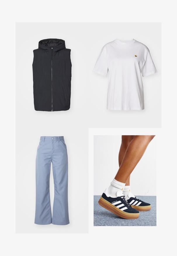 Gilet imbottito nero con cappuccio, dotato di zip centrale e design trapuntato orizzontale. Texture liscia con un'etichetta logo sull'orlo.; Maglietta in cotone bianco con vestibilità rilassata, maniche corte e un piccolo logo ricamato sul lato sinistro del petto.; Pantaloni larghi azzurri in tessuto morbido di misto cotone, con tasche frontali e chiusura con bottone in vita.; Sneakers in pelle scamosciata nera con strisce e dettagli bianchi, punta arrotondata, suola in gomma color gomme, abbinate a calzini bianchi a coste alla caviglia.