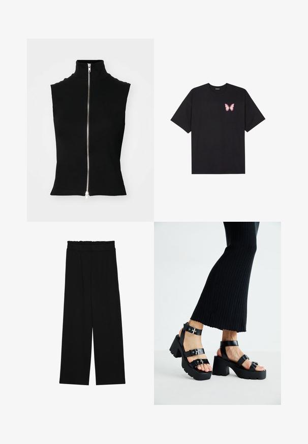 Weekday HIGH NECK ZIP VEST - Chaleco - black; Camiseta de algodón negra de manga corta, con un pequeño gráfico de mariposa rosa en el lado izquierdo del pecho. Diseño de cuello redondo con un corte relajado.; Pantalones de pierna ancha negros con una cintura con volantes, que cuentan con dos bolsillos laterales y una tela suave y ligera. Sin patrones visibles ni accesorios.; Sandalias de plataforma negras con suelas gruesas y dentadas, y múltiples correas, que presentan hebillas de metal y una textura similar al cuero suave.