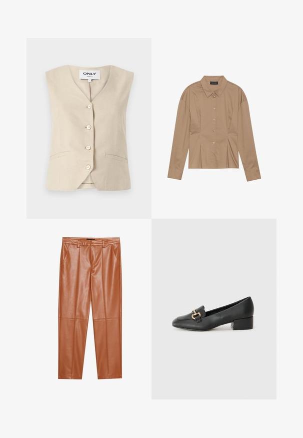 Bežinė liemenė su V formos iškirpte, penkiais mygtukais ir šoninėmis kišenėmis. Pagaminta iš tekstūruoto audinio, turinti pritaikytą dizainą.; Ruda ilgomis rankovėmis marškinėliai su apykakle, priekyje užsegami mygtukais ir su klostėmis. Pagaminta iš lygaus audinio, turi prigludusį dizainą.; Rudos dirbtinės odos kelnės su pritaikytu siluetu, su priekinių klosčių ir tiesiomis kojomis. Sklandus paviršius be matomų metalinių detalių ar akcentų.; Juodi odiniai loaferiai su plokščiu kulnu, su dekoratyvia auksine detalės priekyje ir glotnia tekstūra.