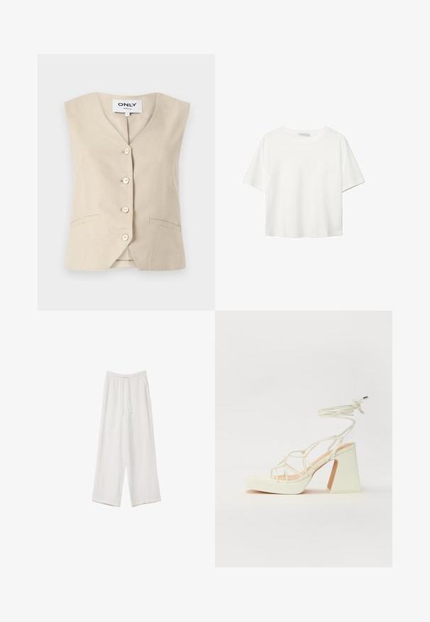 Beige Weste mit V-Ausschnitt, fünf Knöpfen und seitlichen Taschen. Gefertigt aus strukturiertem Material und mit tailliertem Schnitt.; Weißes T-Shirt mit kurzen Ärmeln aus Baumwolle. Hat einen Rundhalsausschnitt und eine lockere Passform. Glatte Textur ohne sichtbare Muster oder Akzente.; Weiße weit geschnittene Hose aus leichtem Stoff. Mit einem elastischen Bund und Kordelzug sowie Seitentaschen. Glatte Textur.; Weiße High-Heel-Sandale mit einem klobigen Absatz, die über ein Riemchendesign und ein Knöchelband verfügt. Glatte Textur mit einer Plattform vorne für zusätzliche Höhe.