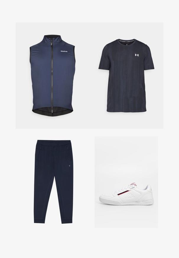 Mornarska kolesarska brezrokavnik z visokim ovratnikom, polnim zadrgo in mrežnim detajlom na robu. Ima logo GripGrab na zgornji levi strani.; Temno modra kratka majica s kratkimi rokavi, izdelana iz zračnega materiala, z teksturiranim vzorcem in belim logotipom Under Armour na prsih.; Morske atletske hlače iz mehkega, raztegljivega materiala. Imajo elastičen pas, dve stranski žepi in zožene manšete. Diskreten logotip.; Bele športe copate z vezalkami, teksturirano sintetično zgornje, rdečim in modrim pasom ter embosiranim logotipom na strani.