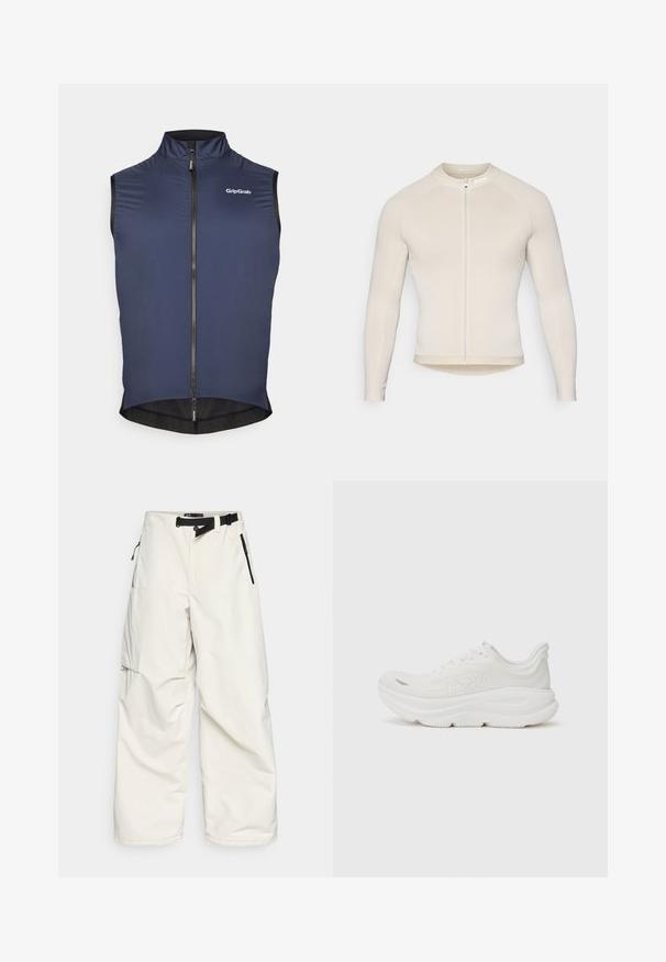 Tamsiai mėlynas dviračių liemenė su aukštu apykakle, viso ilgio užtrauktuku ir tinkliniu akcentu apatinėje dalyje. Pagrindinėje dalyje kairėje pusėje yra GripGrab logotipas.; POC THERMAL LITE - Dviratininko marškinėliai - light sandstone beige; Balti krovinių kelnės, pagamintos iš vandeniui atsparios medžiagos, su juosmens diržu, šoninėmis kišenėmis su užtrauktukais ir plačiomis, laisvomis kojomis.; Baltos sportinės bateliai su paminkštintu padu, tekstūruotu viršumi ir sustiprintu pirštu. Pasižymi iškiliu logotipu šone ir patrauklia, aerodinamine dizaino forma.