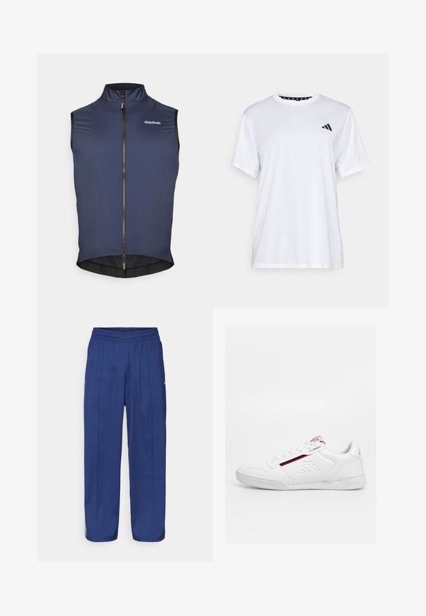 Mornarska biciklistička prsluk s visokim ovratnikom, punim prednjim patentnim zatvaračem i mrežastim detaljima na rubu. Ima GripGrab logo na gornjoj lijevoj strani.; Bijela atletska majica kratkih rukava, napravljena od tkanine koja upija vlagu. Ima crni logo na lijevoj strani prsiju i uzorčeni unutarnji obrub dekoltea.; Mornarsko plave, široke hlače s elastičnim pojasom, s dva prednja nabora i suptilnim bočnim akcentima za dodatni detalj.; Bijele atletske cipele s pertlama, teksturirani sintetički gornji dio, crvena i plava pruga detalj te utisnutim logotipom sa strane.