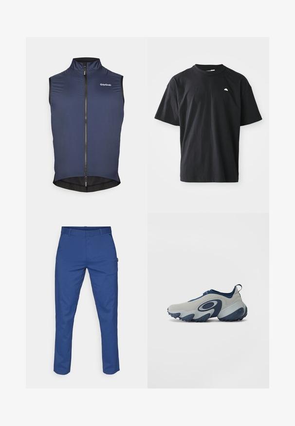 Marine cykelväst med hög krage, full dragkedja fram och meshdetalj vid fållen. Har GripGrab-logotypen på övre vänster sida.; Svart bomullströja med avslappnad passform, korta ärmar, rundad hals och en liten vit logotyp på bröstet. Slät textur.; Blå byxor i slät tyg, med rak passform, två sidofickor och bälteshällor. Inga synliga mönster eller hårdvarudetaljer.; Sko med grå ovandel och marinblå detaljer, har en böjd design, slät yta och en kraftig sula med mönstrad blå gummi.