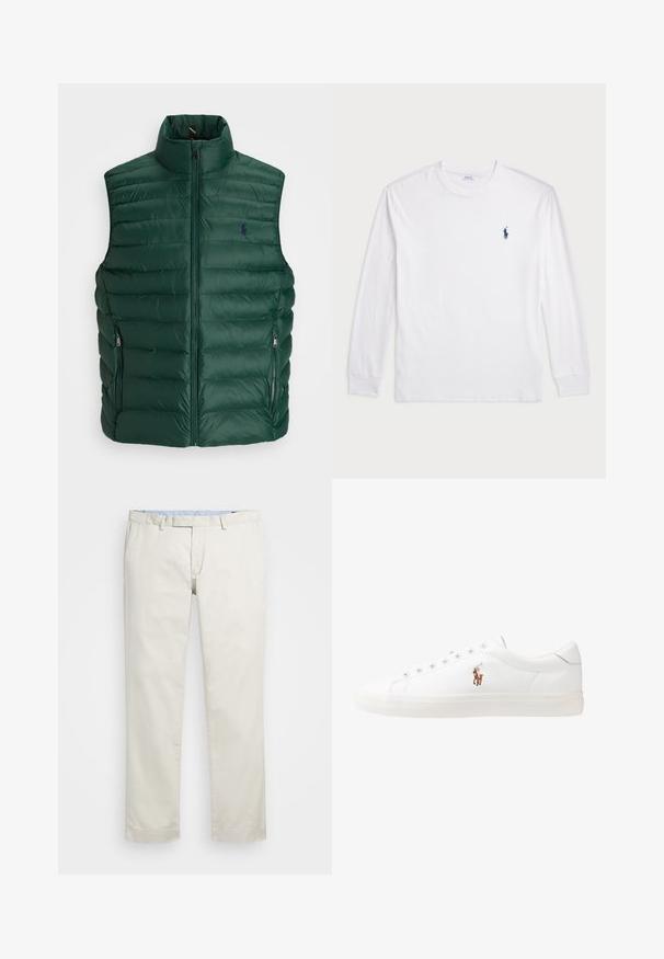 Mørkegrønn puffervest med høy krage, glidelås foran og to sidelommer. Har et quiltemønster og en liten logo på brystet.; Hvit langermet T-skjorte laget av bomull. Har rund hals, ribbestrikkede mansjetter, og en liten marineblå polo-logo på venstre bryst.; Beige bomullskjoler med flat front, beltehemper og sidelommer. Rett ben-design med en glatt tekstur og en lett, pustende følelse.; Hvite lærsko, lavt design, med en glatt tekstur, rund tå, snøring foran, og en liten brodert logo på siden.