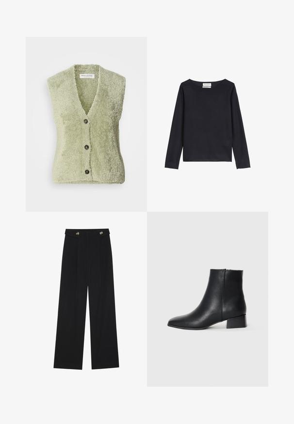 Hellgrüchestrickweste ohne Ärmel aus weichem, strukturiertem Stoff, mit einem V-Ausschnitt und drei dunklen Knöpfen auf der Vorderseite.; Marc O'Polo Strickpullover - deep night blue; Schwarze weite Hosen mit hoher Taille, Knopfdetails am Bund und vorderen Falten.; Schwarze Leder-Ankle-Boots mit spitzer Zehenform und niedrigem Blockabsatz, featuring einer glatten Textur und minimalistischen Design.