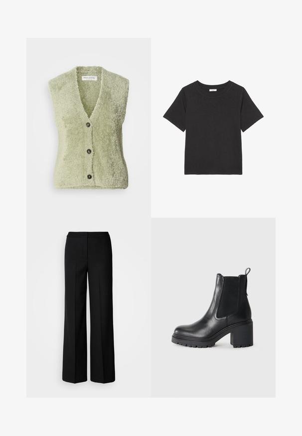 Lichtgroene mouwloze vest gemaakt van zachte, textuurstof, met een V-hals en drie donkere knopen aan de voorkant.; Zwarte t-shirt van zachte stof, met een ronde halslijn en korte mouwen. Het ontwerp is eenvoudig zonder zichtbare patronen of accenten.; Zwarte wijde broek van een gladde stof, met een hoge taille, nauwkeurig gestikte naden en een minimalistisch ontwerp. Geen zichtbare hardware of zakken.; Zwarte leren enkellaars met een chunky hak, elastische zijpanelen en een treklipje aan de achterkant. Getextureerde zool voor extra grip.
