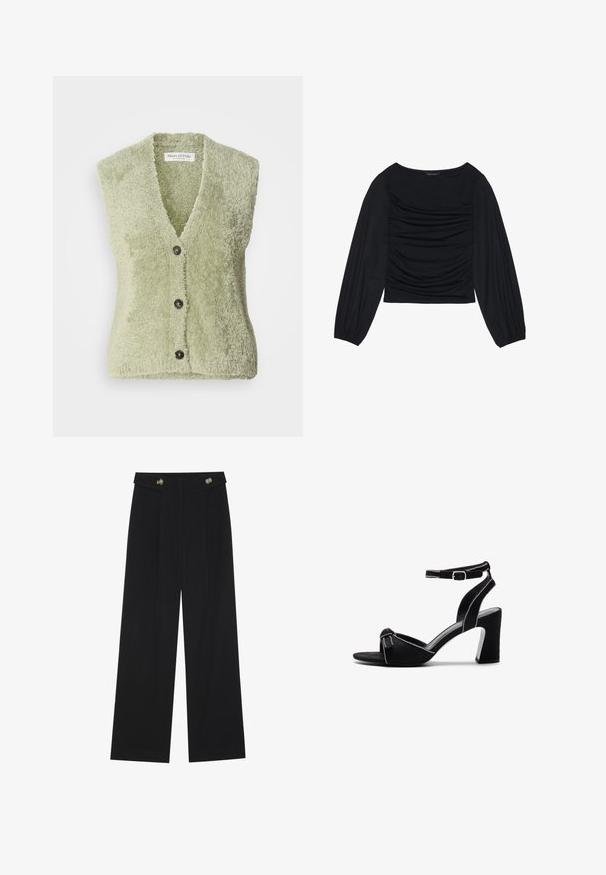 Lichtgroene mouwloze vest gemaakt van zachte, textuurstof, met een V-hals en drie donkere knopen aan de voorkant.; Zwarte longsleeve top met geplooid stofdetail aan de voorkant en bij de polsen, gemaakt van zachte, rekbare stof met een barco neckline.; Zwarte wijde broek met hoge taille, knoopdetails op de tailleband en plooien aan de voorkant.; Zwarte suede sandalen met hak, voorzien van een brede blokhak, verstelbare enkelsluiting, open teenontwerp en contrasterende stikdetails.