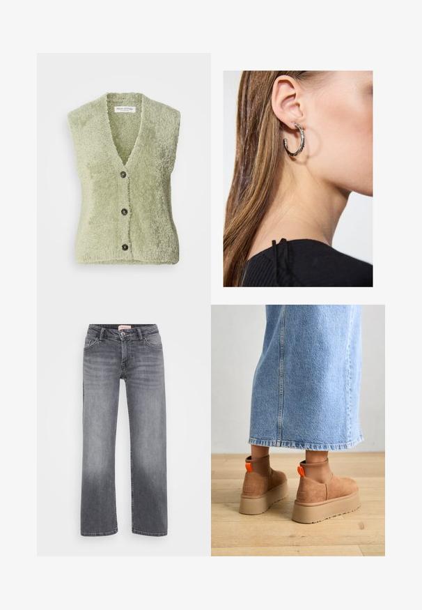 Gaiši zaļš bez piedurknēm vests, izgatavots no mīksta, teksturēta auduma, ar V veida kakla izgriezumu un trīs tumšām pogām priekšā.; Even&Odd Petite 2 PACK - Tops - light grey/black; Pelēki džinsi ar taisnu kāju dizainu, piecu kabatu stils, viegla izbalēšana un pogas aizdare viduklī.; Brūni zamšādas platforma zābaki ar elastīgiem sānu paneļiem un oranžām cilpām, apvienoti ar līdz ceļgaliem garu gaišā denima svārku uz koka grīdas.; Sudraba auskars ar pulētu apdari, ar maziem zelta akcentiem un apaļu formu, uz ausu ļipiņas.