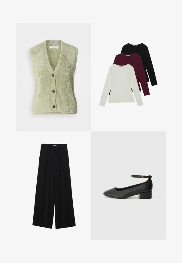 Lichtgroene mouwloze vest gemaakt van zachte, textuurstof, met een V-hals en drie donkere knopen aan de voorkant.; Langsleeve t-shirts in het wit, bordeauxrood en zwart. Gemaakt van zachte stof met een ronde halslijn en een aansluitend ontwerp. Geschikt voor lagen.; Zwarte wijde broek van textuurstof, met een elastische tailleband en een afneembare sjaalstrik in de taille voor een verstelbare pasvorm.; Zwarte leren pump met een spitse neus en een lage blokhak. Beschikt over een enkelband met een goudkleurige gespsluiting. Gladde textuur.
