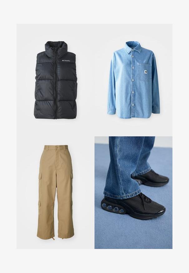Melnas pūkainas vesti ar augstu apkakli, priekšējo rāvējslēdzēju un sānu kabatām. Strukturēts, quiltēts dizains ar Columbia logo uz pleca.; Gaiši zils denim krekls ar apkakli, garām piedurknēm un sudraba pogām. Iespējama viena priekšējā kabata ar logo birku.; Bēša kravas bikses ar augstu jostasvietu, platām kājām un četriem lieliem sānu kabatām. Izgatavotas no izturīgas auduma ar gludu tekstūru un minimālām detaļām.; Melnas sporta kedas ar sietu augšdaļu, teksturētām akcentiem un redzamajām gaisa amortizācijas podiem zolei. Valkātas ar zilu džinsu biksēm.