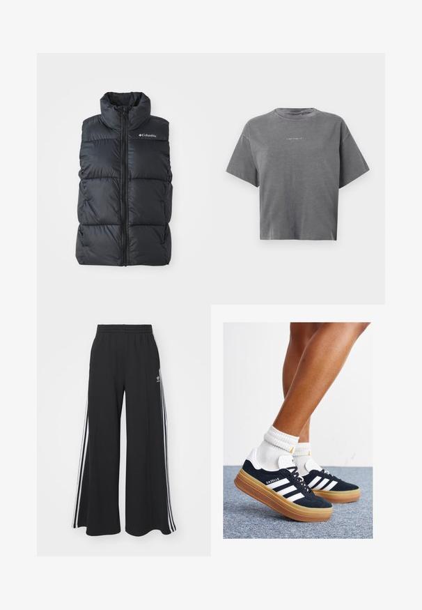 Colete puffer preto com colarinho alto, fecho na frente e bolsos laterais. Design texturizado e acolchoado com o logo da Columbia no ombro.; T-shirt curta cinza de manga curta com gola redonda e pequeno logótipo branco "carhartt" centrado na parte da frente.; Calças de suor largas e pretas com uma cintura elástica, apresentando riscas brancas nas laterais e um logótipo bordado na coxa esquerda.; Ténis de camurça preta com riscas e detalhes brancos, biqueira arredondada, sola em borracha cor de goma, combinados com meias brancas caneladas até à altura do tornozelo.