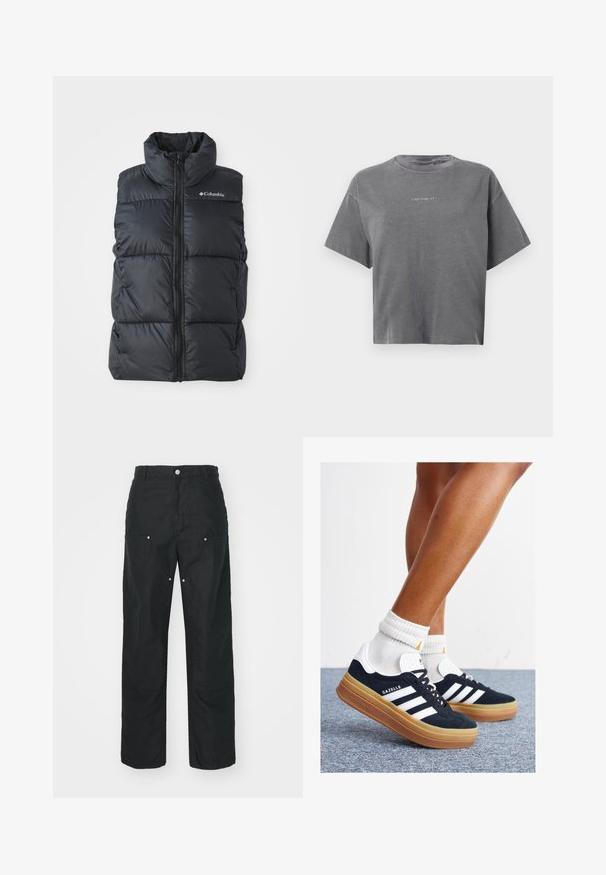 Mustapufferi liivi korkealla kauluksella, edessä vetoketju ja sivutaskut. Kankainen, tikattu muotoilu ja Columbia-logo olkapäällä.; Harmaa lyhythihainen crop-top t-paita, jossa on pyöreä kaula-aukko ja pieni keskitetty valkoinen "carhartt" logo edessä.; Mustat housut suoralla lahjesuunnittelulla, valmistettu tekstuuritetusta kankaasta. Sisältää koristeellista hopeista metalliosaa ja ainutlaatuista sauman yksityiskohtaa.; Musta mokkanahkainen tennari, jossa valkoiset raidat ja yksityiskohdat, pyöreä kärki, purukumipohja, yhdistetty valkoisiin ribbineuleisiin nilkkasukkiin.