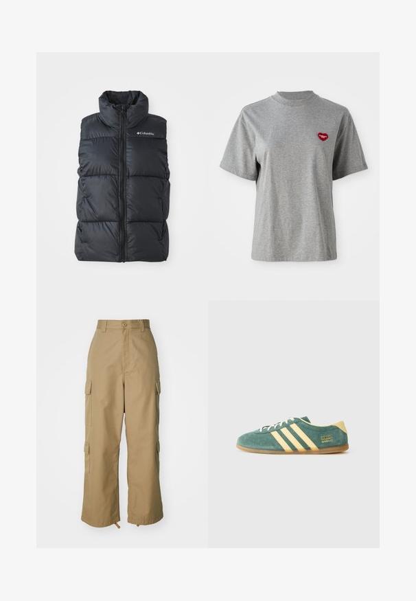 Schwarze Steppweste mit hohem Kragen, Frontreißverschluss und Seitentaschen. Strukturierte, steppdesign mit Columbia-Logo auf der Schulter.; Graues kurzärmliges T-Shirt mit Rundhalsausschnitt und einem kleinen roten herzförmigen Patch auf der linken Brust, das "Carhartt WIP" zeigt.; Beige Cargo-Hosen mit hoher Taille, weitem Bein und vier großen Seitentaschen. Aus strapazierfähigem Stoff mit glatter Textur und minimalen Details.; Grüner Wildlederschuh mit gelben Akzenten und drei Streifen. Abgerundete Spitze, flache Gummisohle und auffälliges Markenlogo an der Seite.