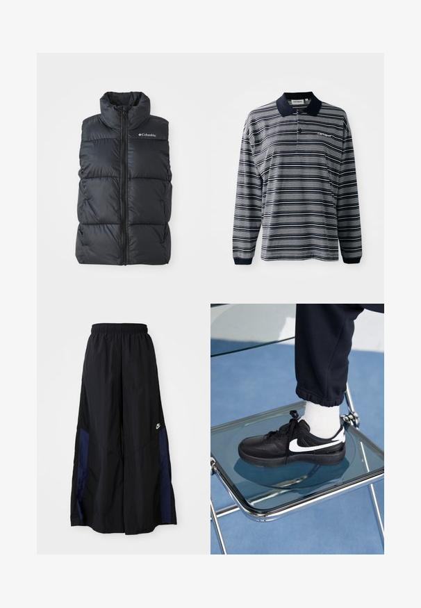 Schwarze Steppweste mit hohem Kragen, Frontreißverschluss und Seitentaschen. Strukturierte, steppdesign mit Columbia-Logo auf der Schulter.; Langärmeliges Poloshirt in navyblauen und weißen Streifen, aus Baumwollstoff, mit Kragen, einer Drei-Knopf-Leiste und einem kleinen gestickten Logo auf der Brust.; Schwarze weit geschnittene Hose aus leichtem Stoff, mit einem dunkelblauen Seitenpanel und einem elastischen Bund. Kleines weißes Logo am unteren Ende.; Schwarze Nike-Sneaker mit weißen Akzenten, die über eine glatte Ledertextur, ein Schnürdesign und eine abgerundete Zehenform verfügen, platziert auf einem Glasstuhl.