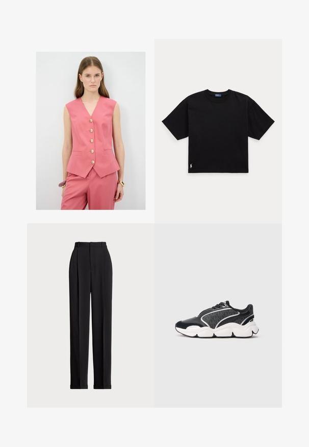 Roze mouwloze vest met een V-hals, voorzien van vijf gouden knopen, een getailleerde pasvorm en zijzakken. Draagt met bijpassende broek.; Zwarte katoenen T-shirt met korte mouwen, ronde hals en een klein wit logo op de linker benedenkant. Klassieke, rechte pasvorm met minimale details.; Zwarte op maat gemaakte broek met een hoge taille, voorzien van plooien aan de voorkant, een recht gesneden ontwerp en een omslagrand. Gemaakt van een soepele stof.; Zwarte en donkergrijze sneaker met een witte stevige zool, details van leer en suede, en een vetersluiting, gepresenteerd tegen een effen lichte achtergrond.
