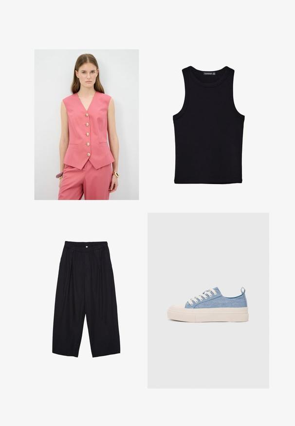 Růžová bezrukávová vesta s výstřihem do V, obsahující pět zlatých knoflíků, se sektorizovaným střihem a bočními kapsami. Nosit s odpovídajícími kalhotami.; Černý top na ramínka vyrobený z bavlny, s kulatým výstřihem a širokými průramky. Hladká textura s prošitými lemy. Klasický, minimalistický design.; Černé polyesterové culotte kalhoty s elastickým pasem, dvěma předními sklady a volným siluetou. Žádné viditelné vzory ani kovové detaily.; Světlé modré plátěné tenisky s krémovou gumovou špičkou a podrážkou, které mají bílé tkaničky a poutko na patě.